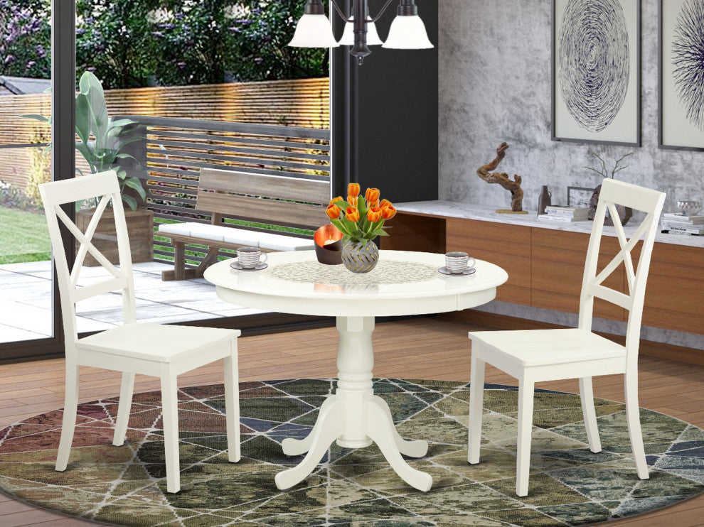 3 Pc Set With A Round Table And 2 Wood Dinette Chairs, Linen White