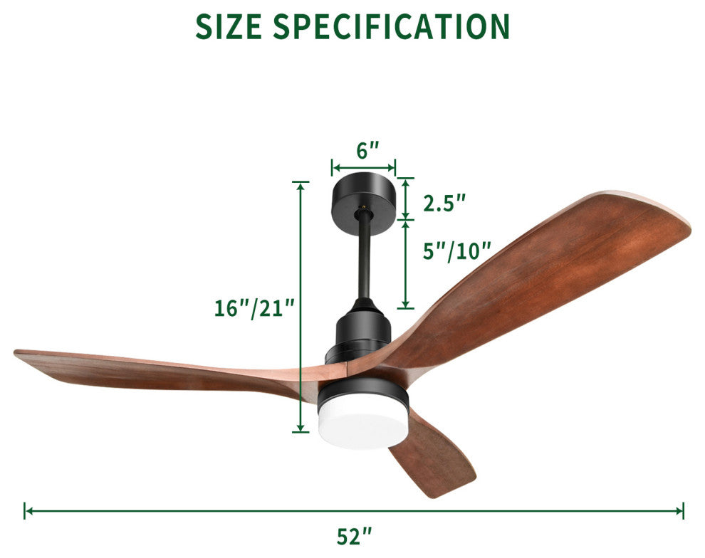 52" Solid Wood Ceiling Fan andRemote Control Reversible Blades, Matte Blck