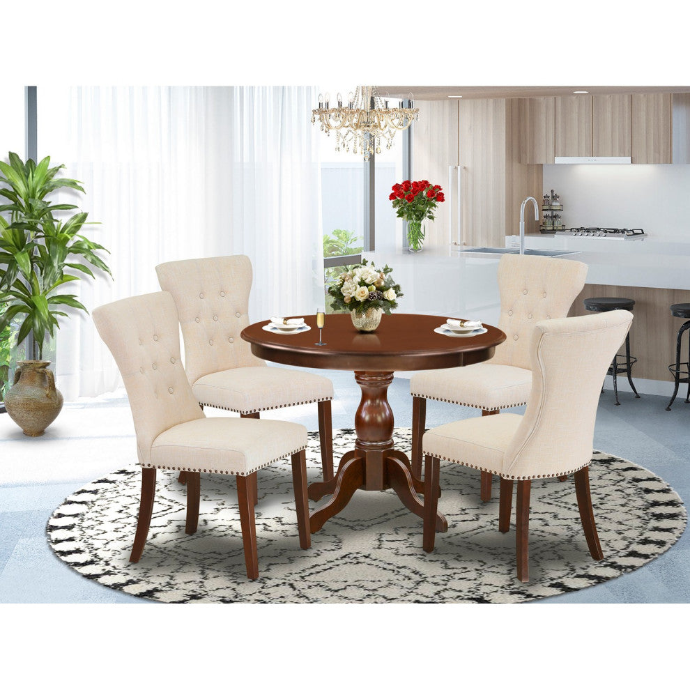 5 Pc Kitchen Set, Mahogany Small Dining Table, 4 Light Beige Dining Chairs