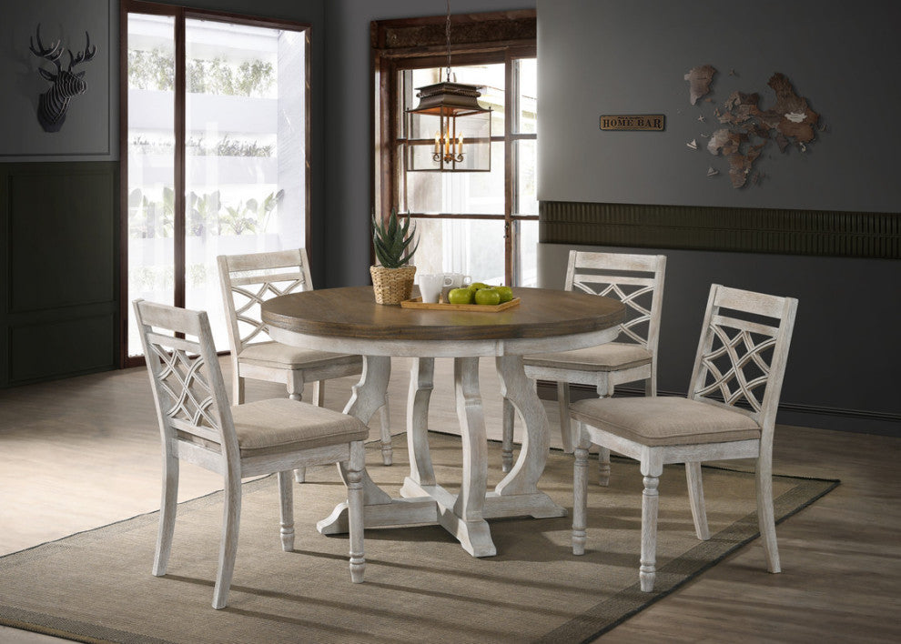 Havanna Walnut 5-Piece 47"W Round Dining Set, Off White Fabric Chairs