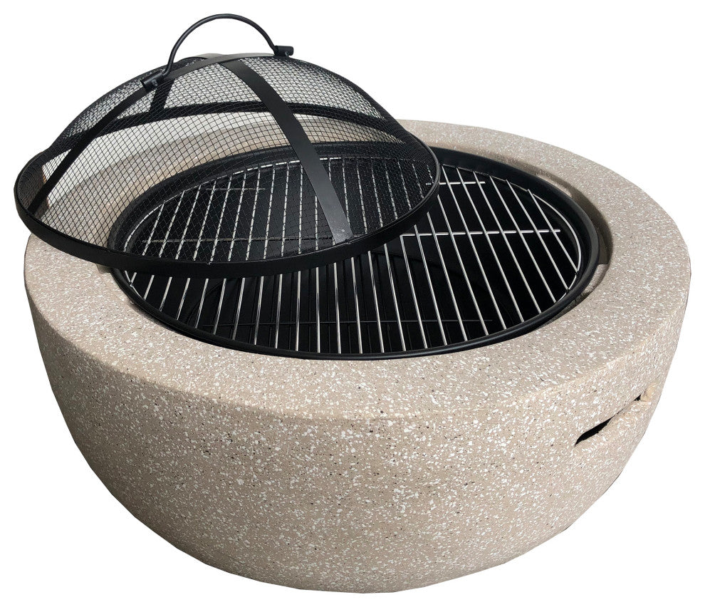 Round Faux Stone Outdoor Fire Pit with Fire Screen