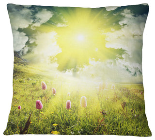 Mountains Pasture Under Bright Sunset Landscape Printed Throw Pillow, 18"x18"
