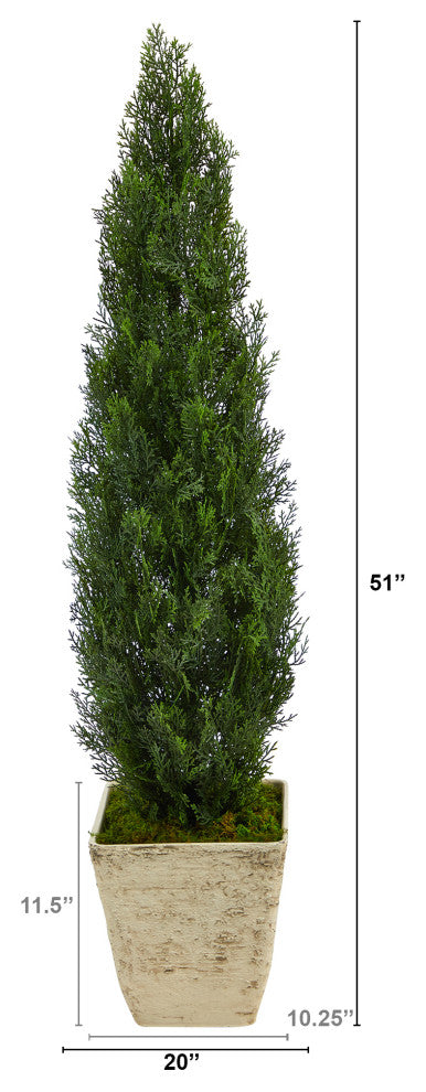 51" Cedar Artificial Tree, Country White Planter, Indoor/Outdoor