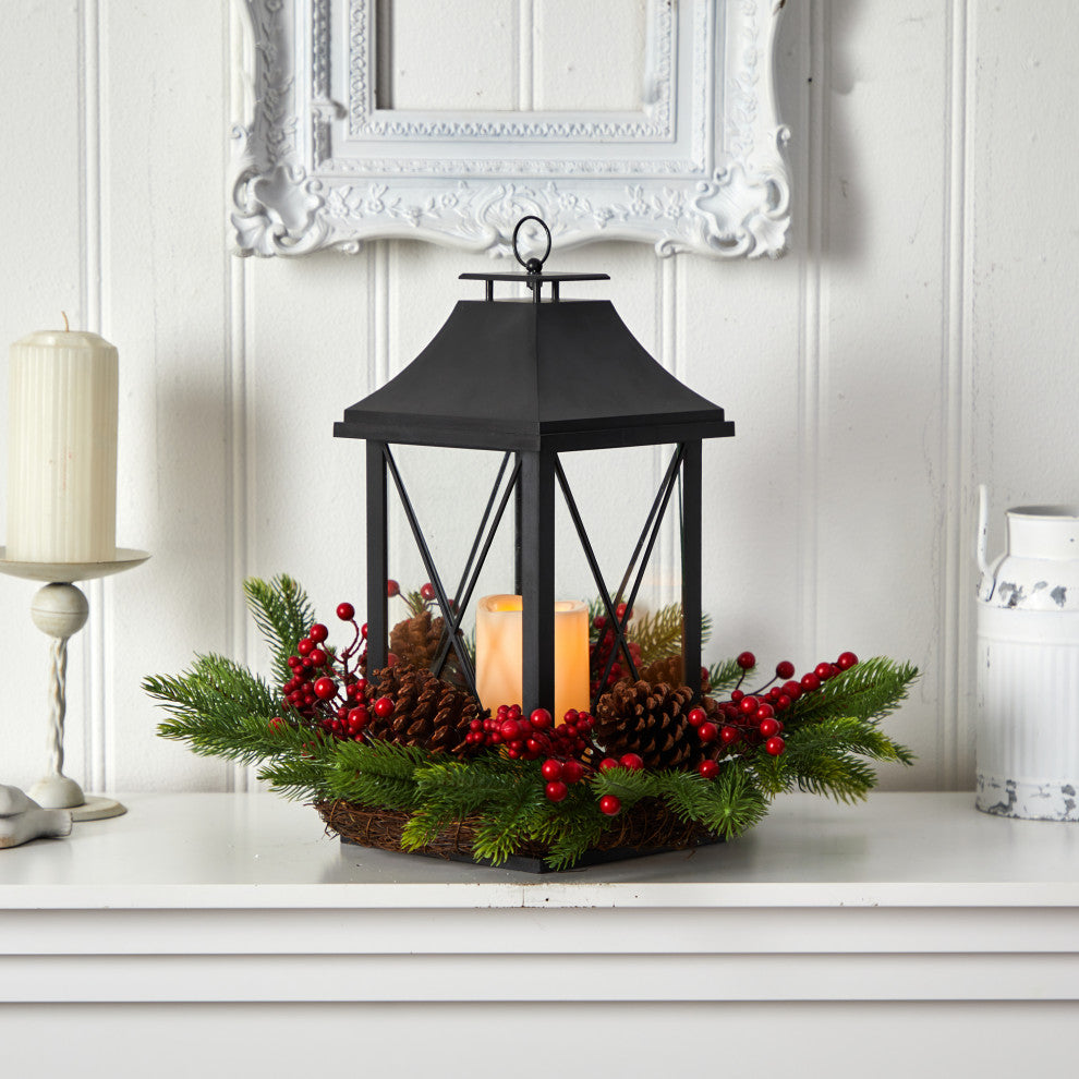 16" Holiday Xmas Berry, Pinecone & Greenery W/ Lantern & LED Candle Arrangement