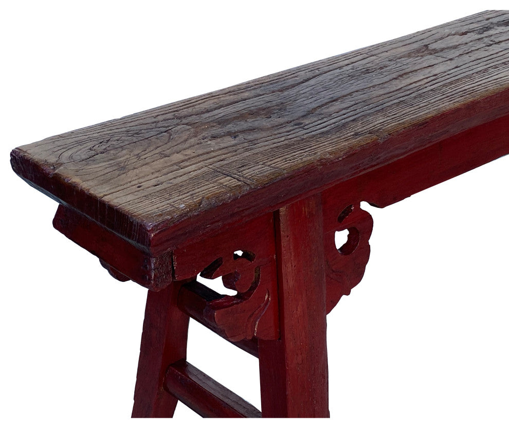 Vintage Brick Red Rural Village Rustic Slim Wood Seating Bench Hcs7359