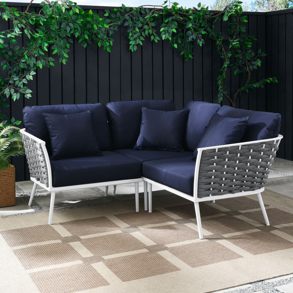 Lounge Sectional Sofa Chair Set, Navy White, Aluminum, Modern, Outdoor Patio