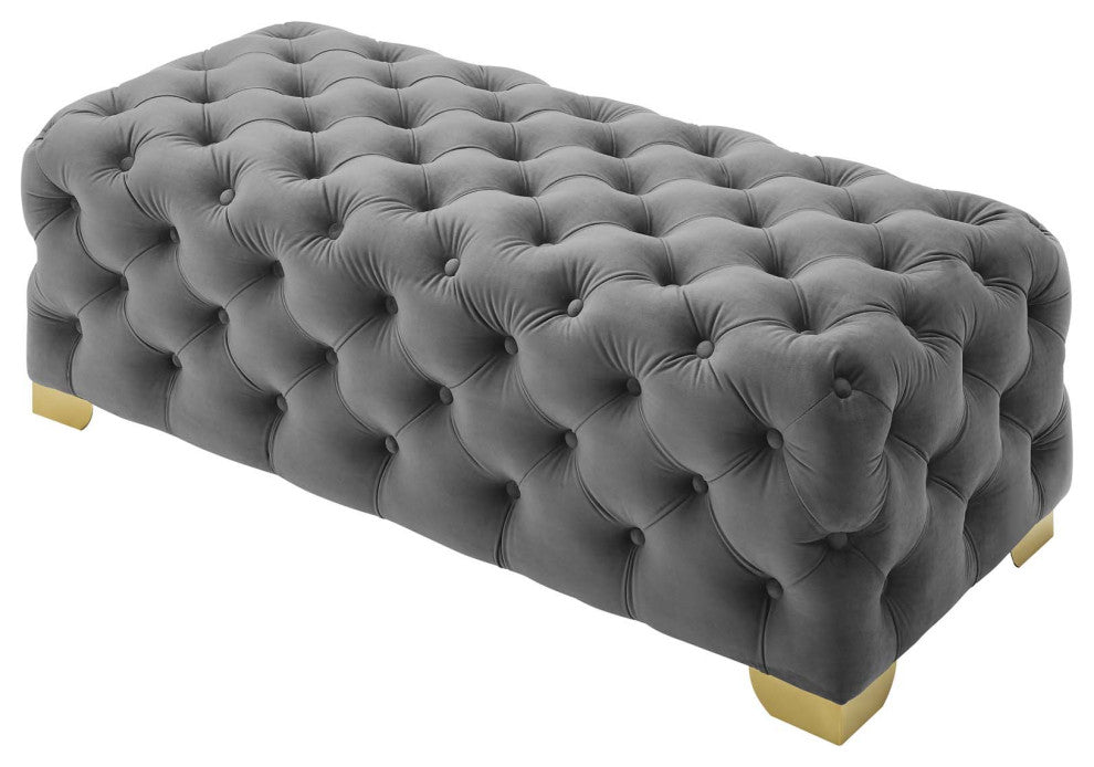 Modern Lounge Accent Chair Bench, Velvet Fabric Metal Steel, Grey Gray
