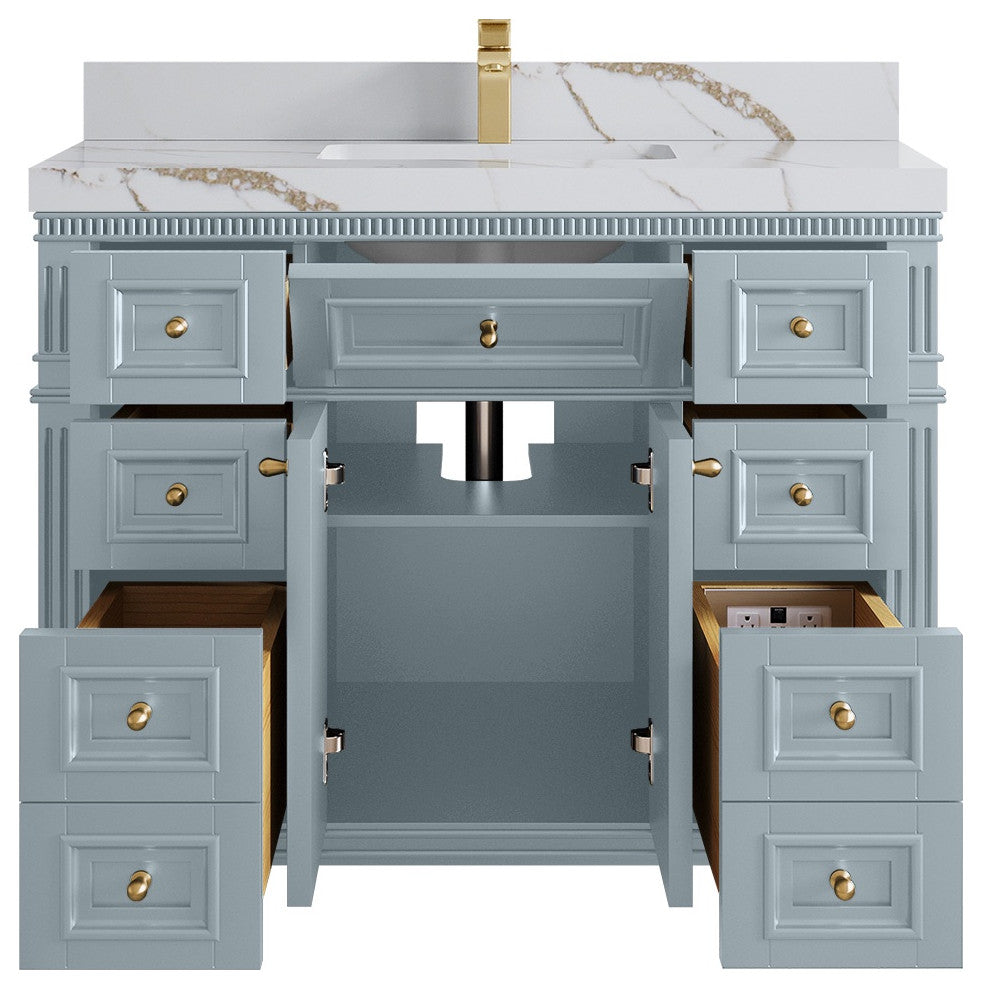 Paris 42" Single Sink Bathroom Vanity, Blue Heather 2" Calacatta Gold