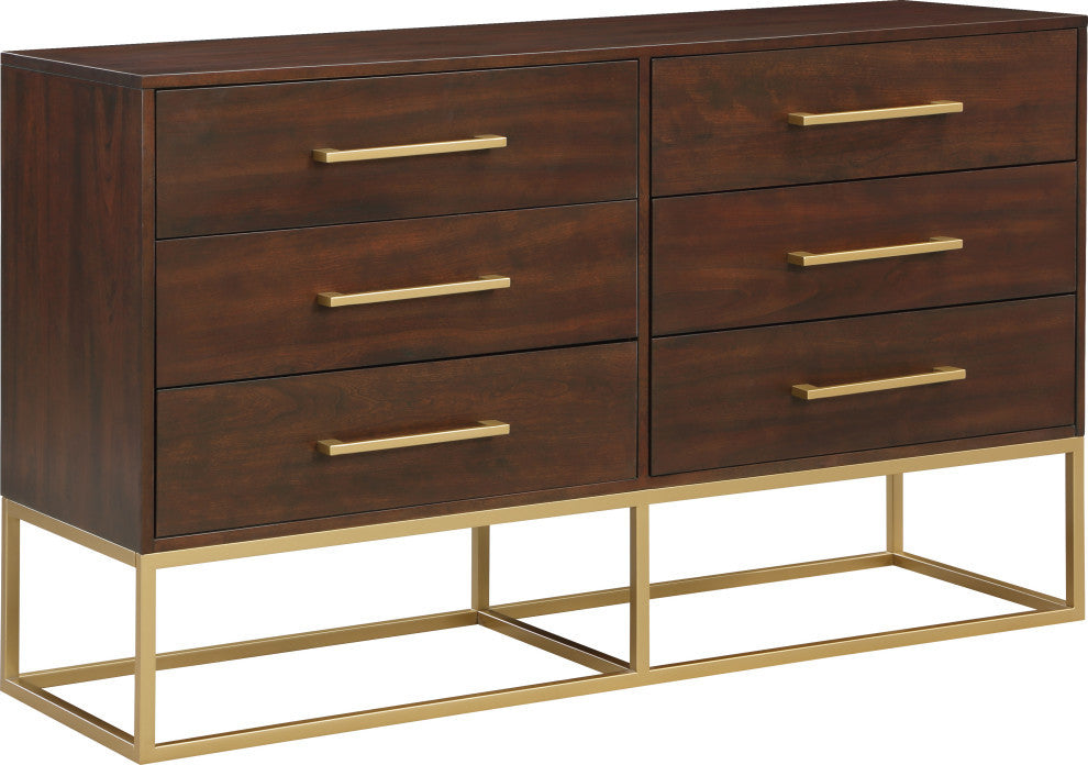 Maxine Wood Dresser With Durable Brushed Gold Metal Base, Dark Cherry Finish
