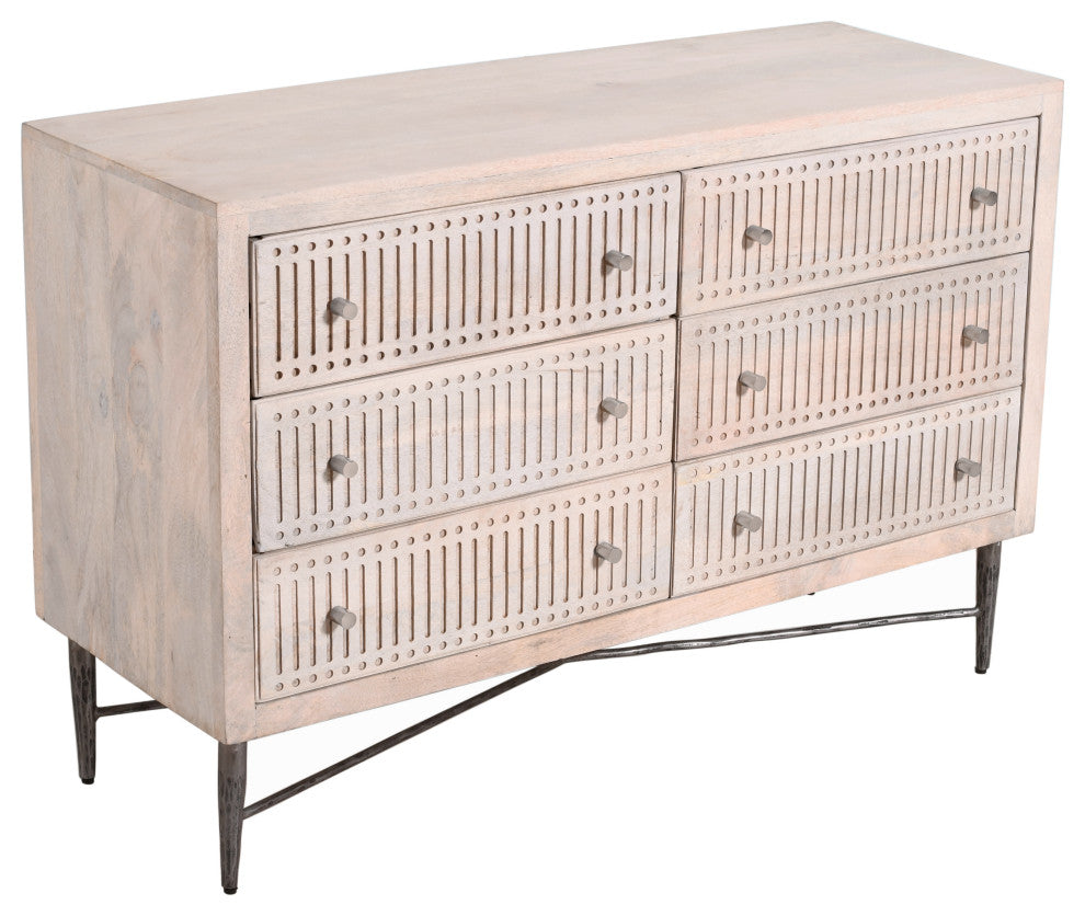 Sarah 6 Drawer Chest, Mango Solid Wood Brushed Ivory Finish on Iron Base