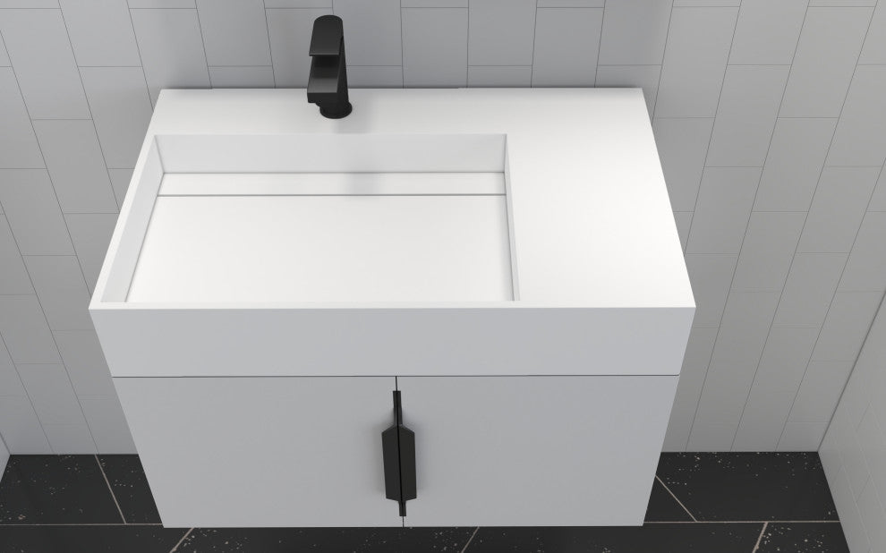 CastelloUSA Amazon 30" Left Wall Mounted Bathroom Vanity Set, White, White Top, Black Handles