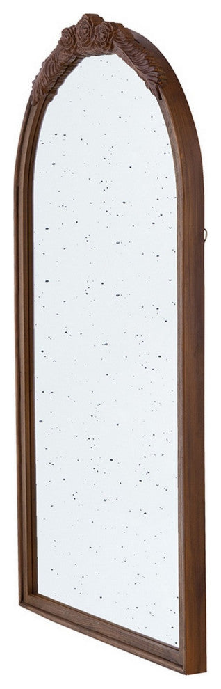 Eel 42 Inch Wall Mirror, Brown Arched Wood Frame, Hand Carved Rose Accent