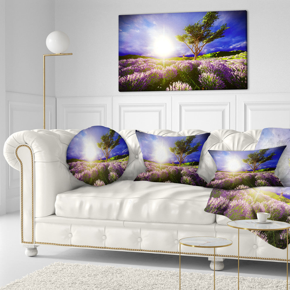 Lavender Field Under Blue Sky Modern Landscape Printed Throw Pillow, 12"x20"