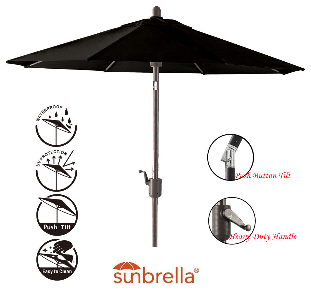 9' Round Push Tilt Market Umbrella, Antique Bronze frame, Sunbrella, Black