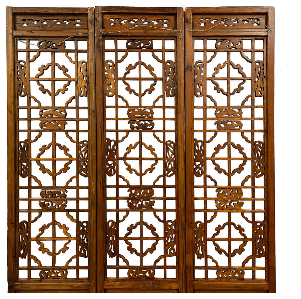 Consigned Antique Chinese Handcraft 3 Panels Wooden Screen/Room Divider