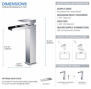 Waterfall Single Handle Vessel Sink Faucet KBF1005, Chrome, W/ Drain