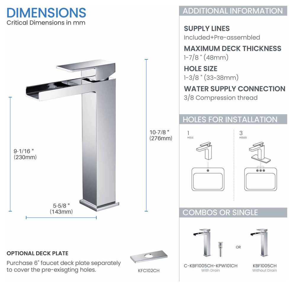 Waterfall Single Handle Vessel Sink Faucet KBF1005, Chrome, W/ Drain