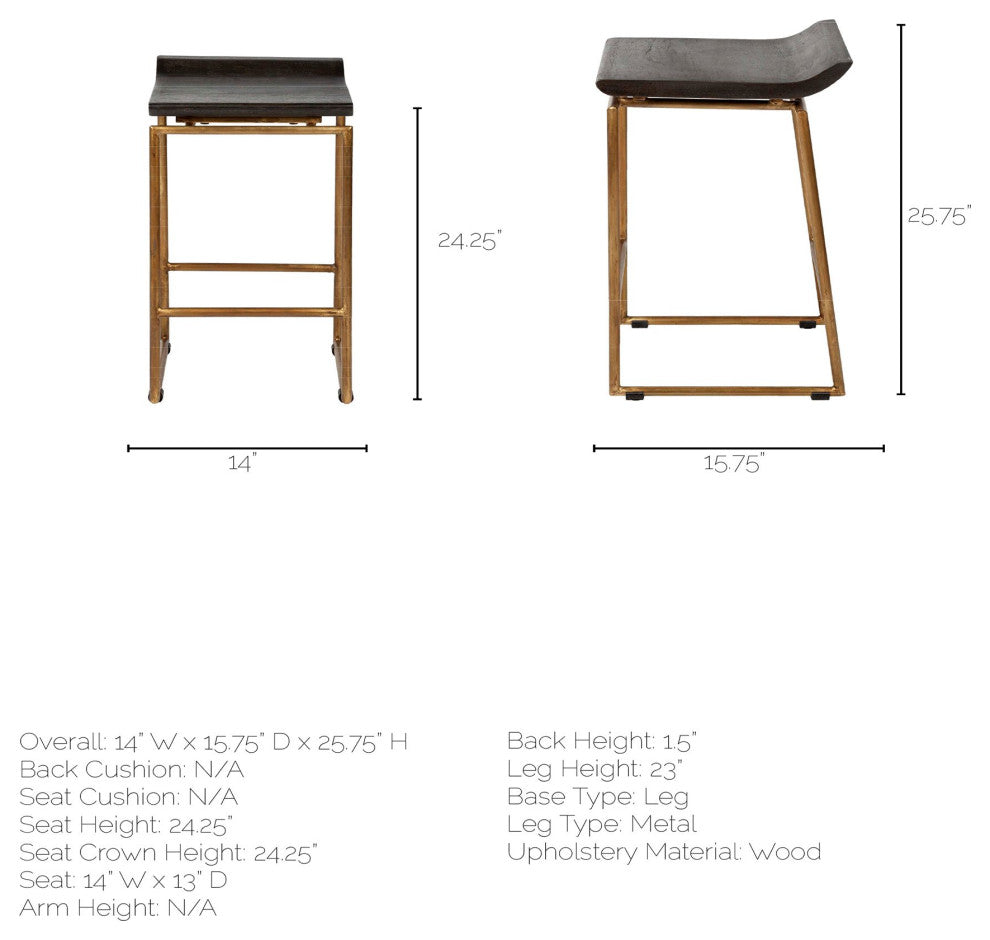 Givens Dark Brown Solid Wood Seat with Gold Metal Frame Counter Stool