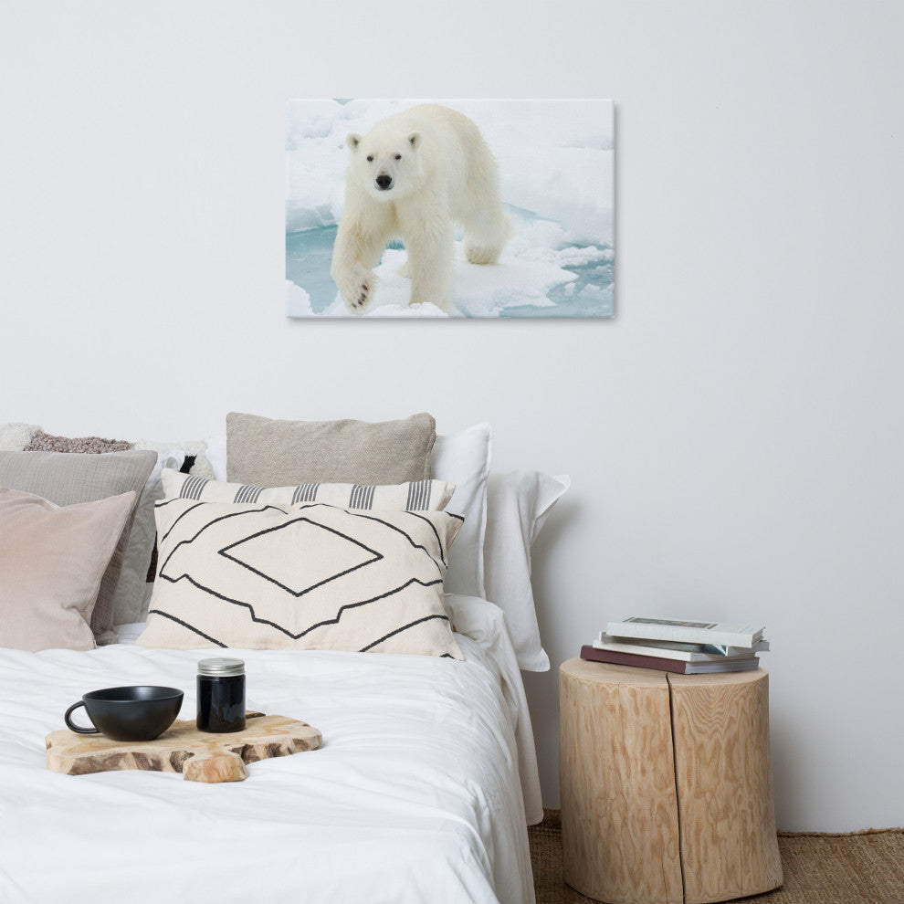 Giant White Polar Bear Walking On Icy Lake Wildlife Photo Canvas Wall Art Print, 24" X 36"