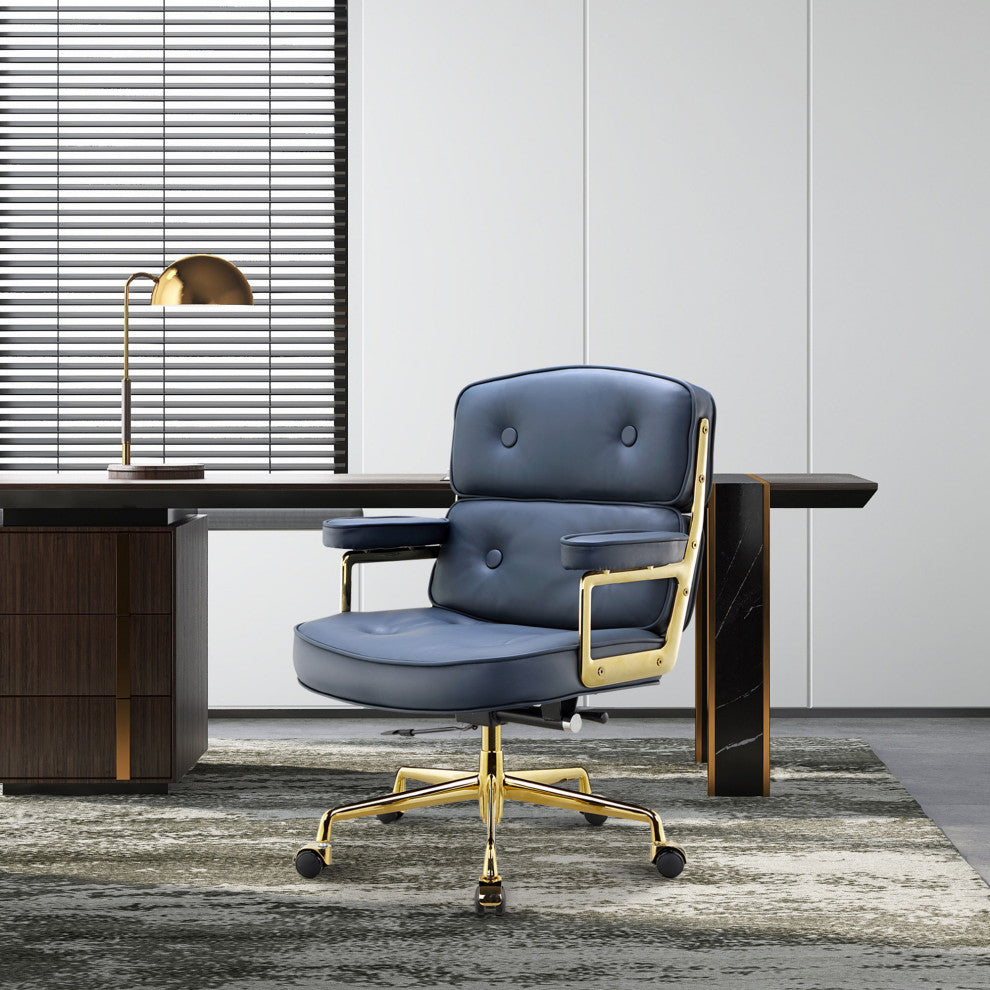 Lobby Mid Back Computer Office Desk Chair, Gold  Chrome&navy Blue