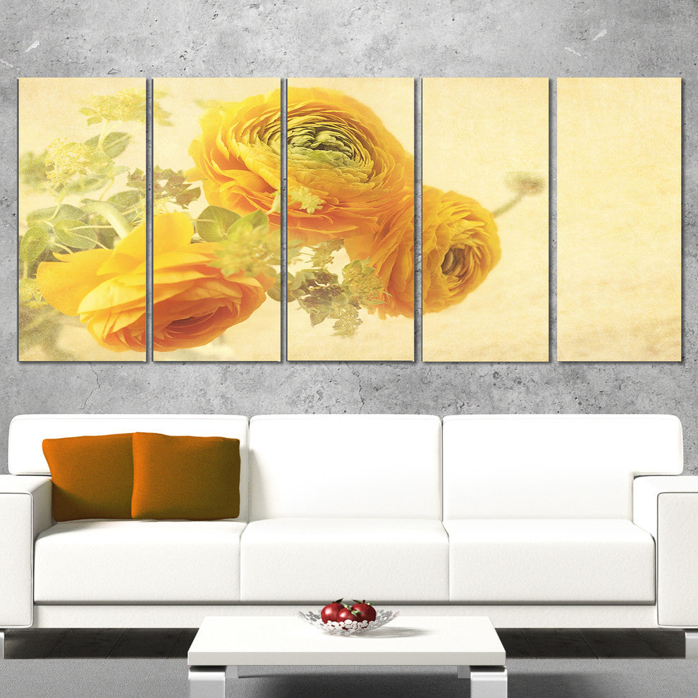 Bunch of Yellow Ranunculus Flowers, Floral Canvas Print, 60"x28", 5 Panels