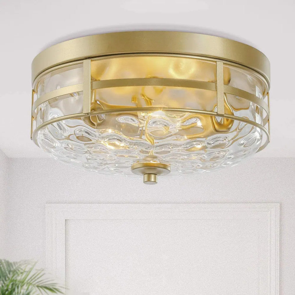 Gold Modern Flush Mount Ceiling Light Fixture Water Ripple Glass Shade Ceiling