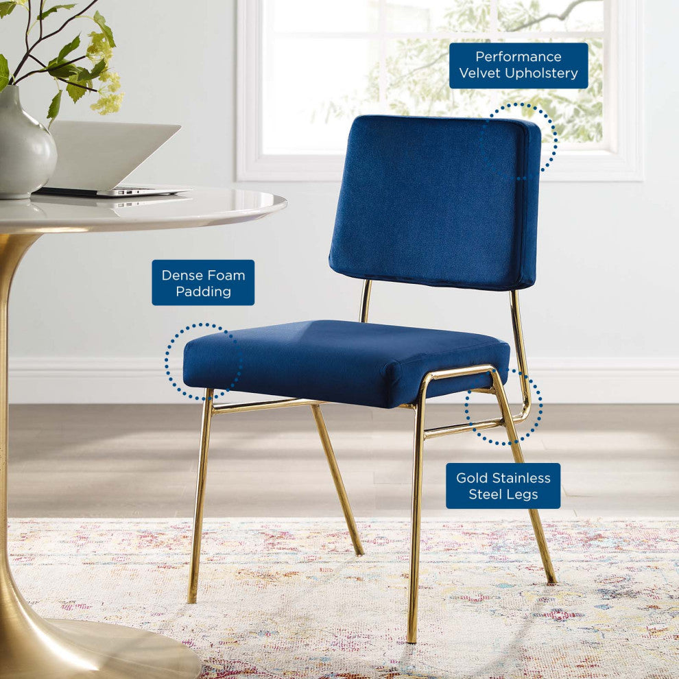 Side Dining Chair, Velvet, Metal, Gold Blue Navy, Modern, Cafe Bistro Restaurant