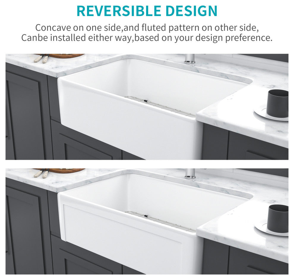 White Ceramic 30 in. Single Bowl Farmhouse Apron Kitchen Sink with Bottom Grid