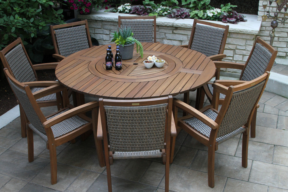 9-Piece Eucalyptus Round Lazy Susan Dining set With 8 Stacking Wicker Armchairs