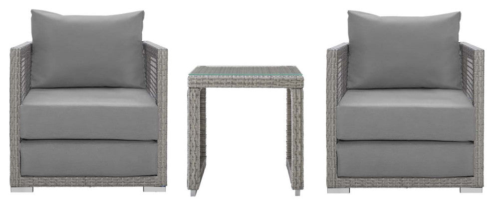 Modern Outdoor Patio Chair and Coffee Side Table Set, Rattan Fabric, Grey Gray
