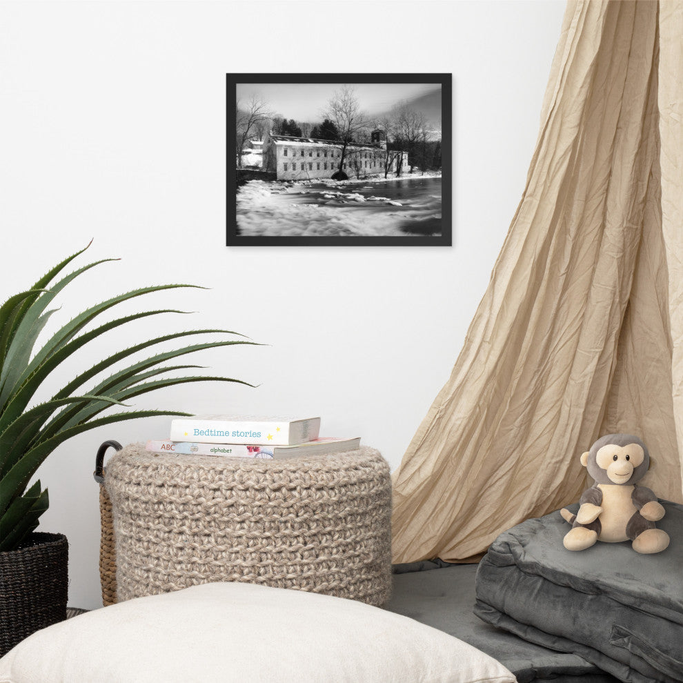 Winter at Powder Mill Rural Landscape Framed Photo Paper Wall Art Prints, Black, 12" X 16"