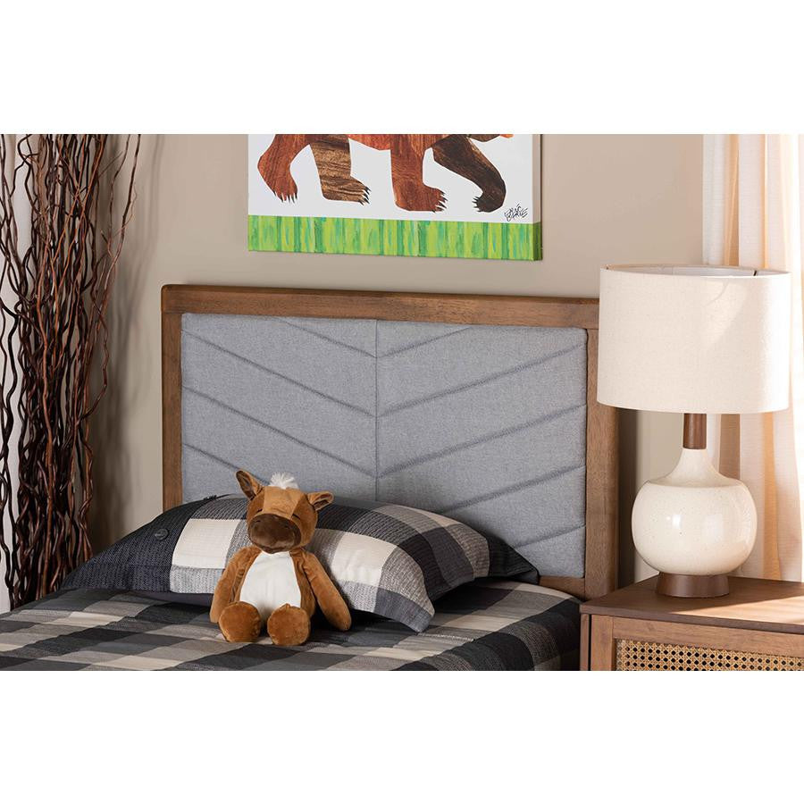 Light Grey Fabric Upholstered and Walnut Brown Finished Wood Twin Size Headboard