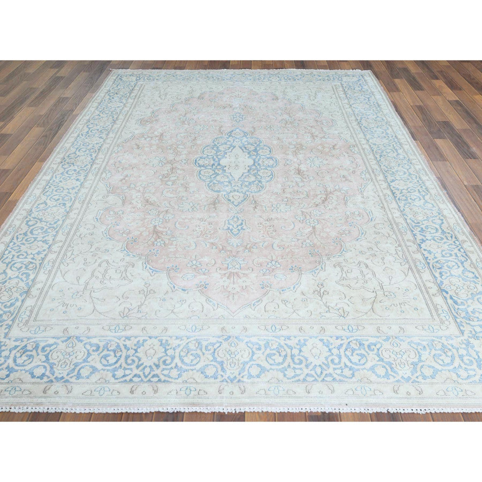 Worn Wool, Hand Knotted, Red, Vintage Persian Kerman Oriental Rug, 7'0" x 10'4"