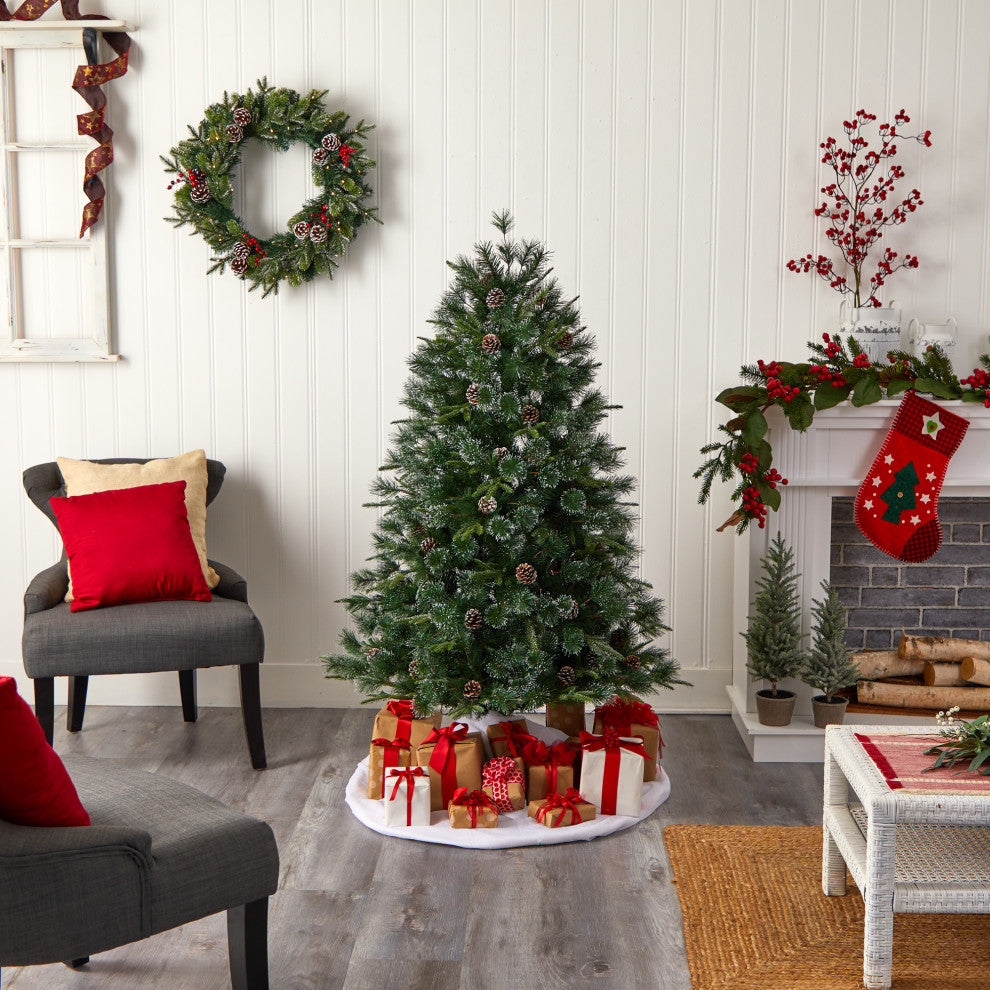 4' Snowed Tipped Clermont Mixed Pine Faux Xmas Tree W/Lights, Pinecones