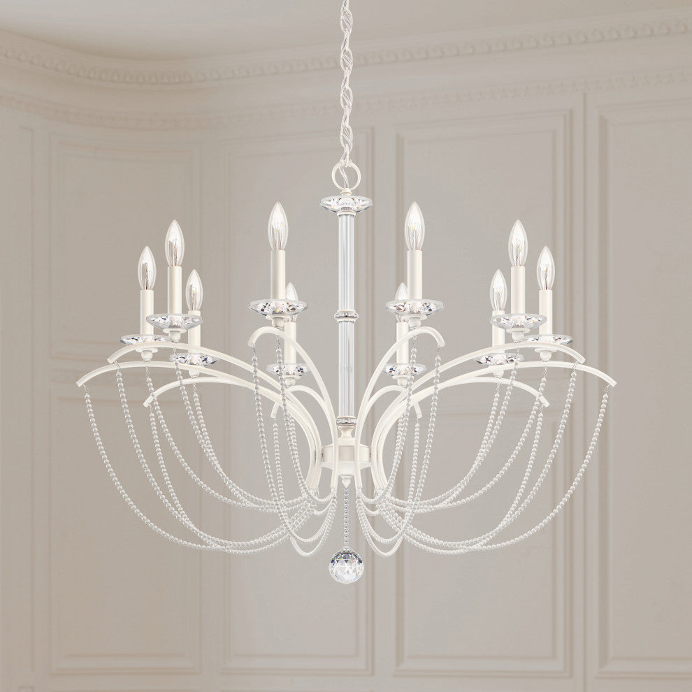 Priscilla 36x28" 10 Light Chandelier, White, In White Pearl