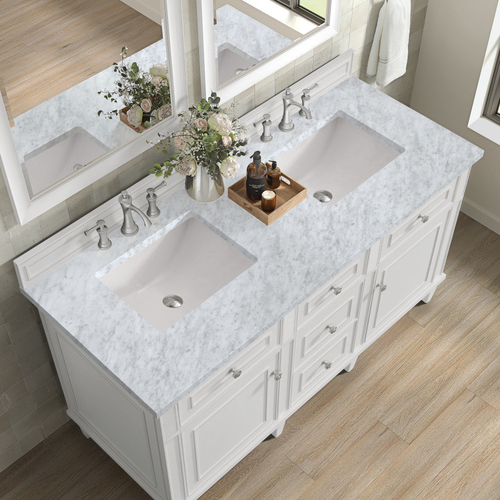 Lorelai 60" Double Vanity, Bright White, 3 CM Carrara White Marble Top