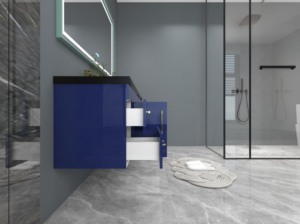 Rosa 72" Wall Mounted Modern Vanity, High Gloss Night Blue, Matt Black Top