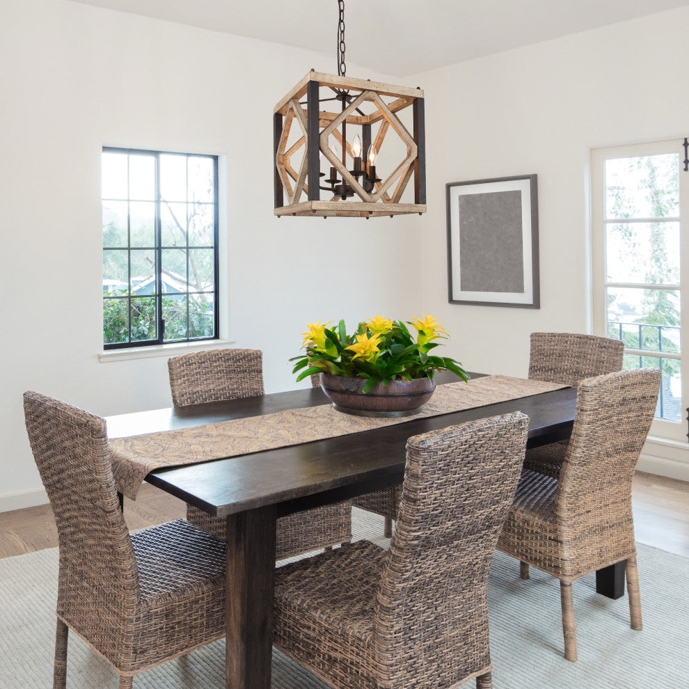 LNC Wood Modern Farmhouse Square Cage Pendant Lighting, 14"width (Metal Accented), 4 Lights