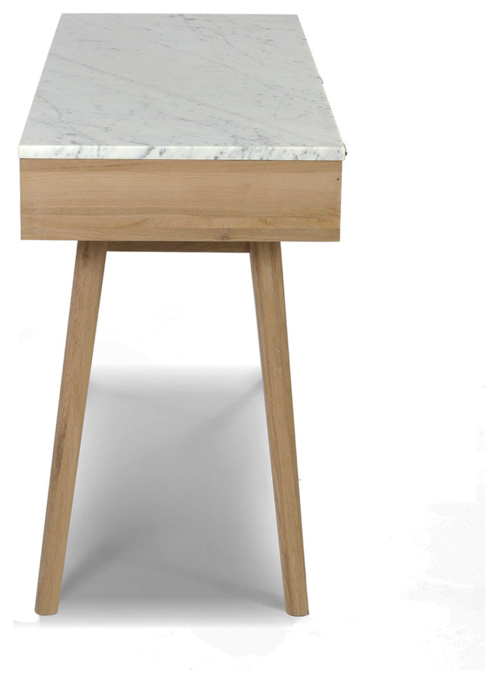 Viola 44" Rectangular Italian Carrara White Marble Writing Desk With Oak Leg