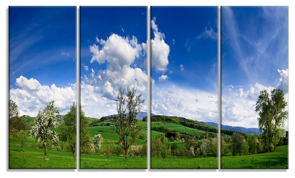 Green Blue Spring Landscape, Photo Canvas Print, 48x28, 4 Panels