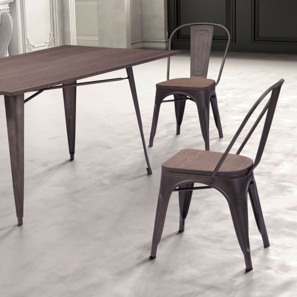 Dining Chair, Set of 2 Metal, Rustic Black, Dark Brown, Rustic Industrial