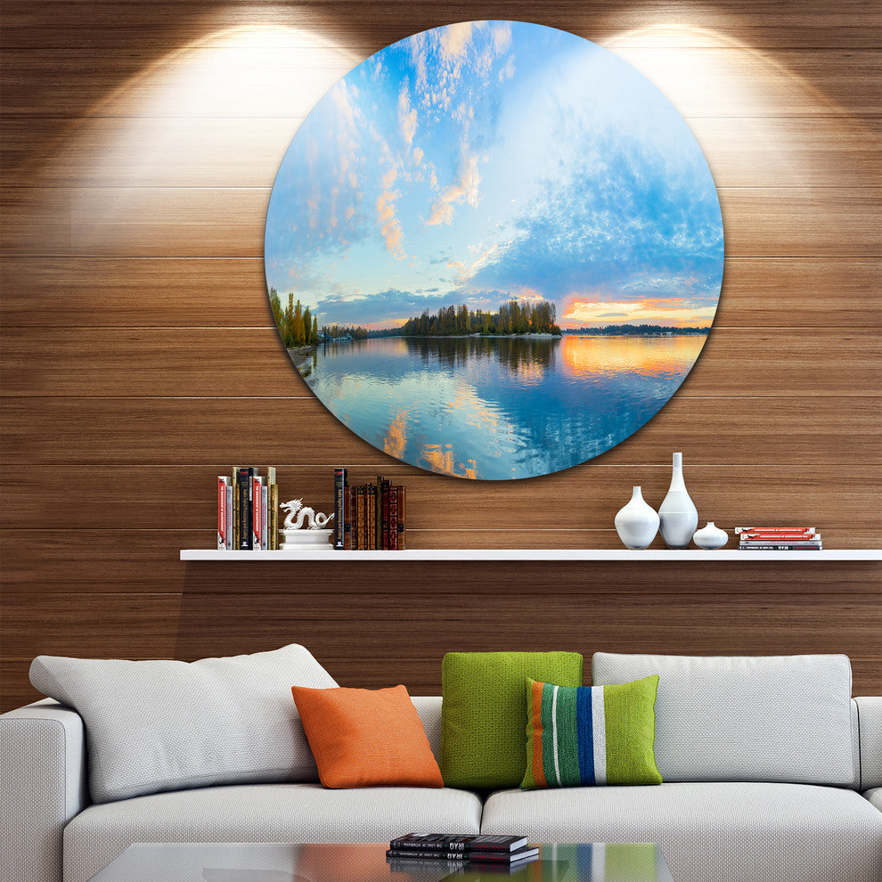 Exotic Sunrise On River Autumn, Beach Disc Metal Artwork, 23"