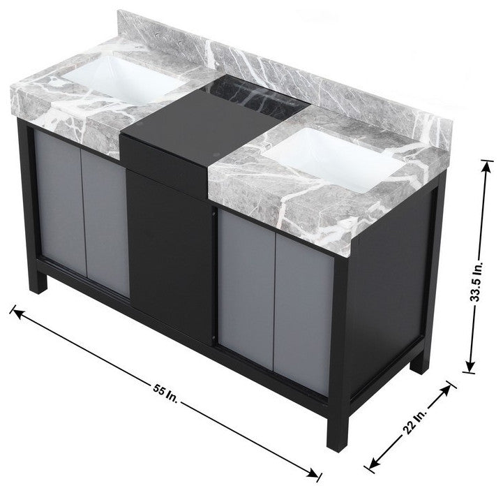 Zilara 55" Black and Grey Double Vanity Set, Balzani Gun Metal Faucet Sets