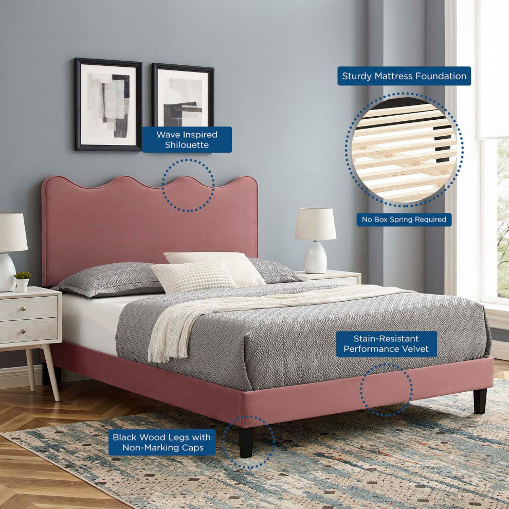 Platform Bed Frame, King Size, Pink, Velvet, Modern, Bedroom Master Guest Suite