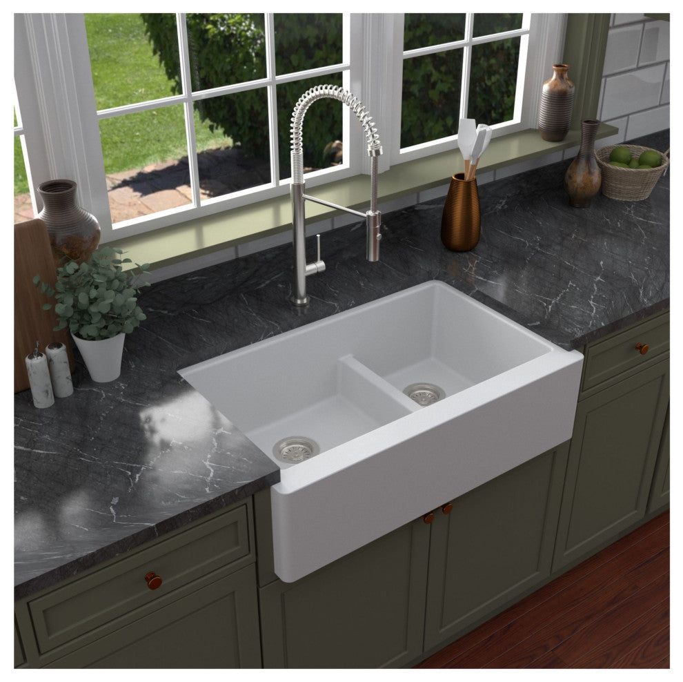 Karran Farmhouse Quartz 34" Double Offset Bowl Sink Kit, White