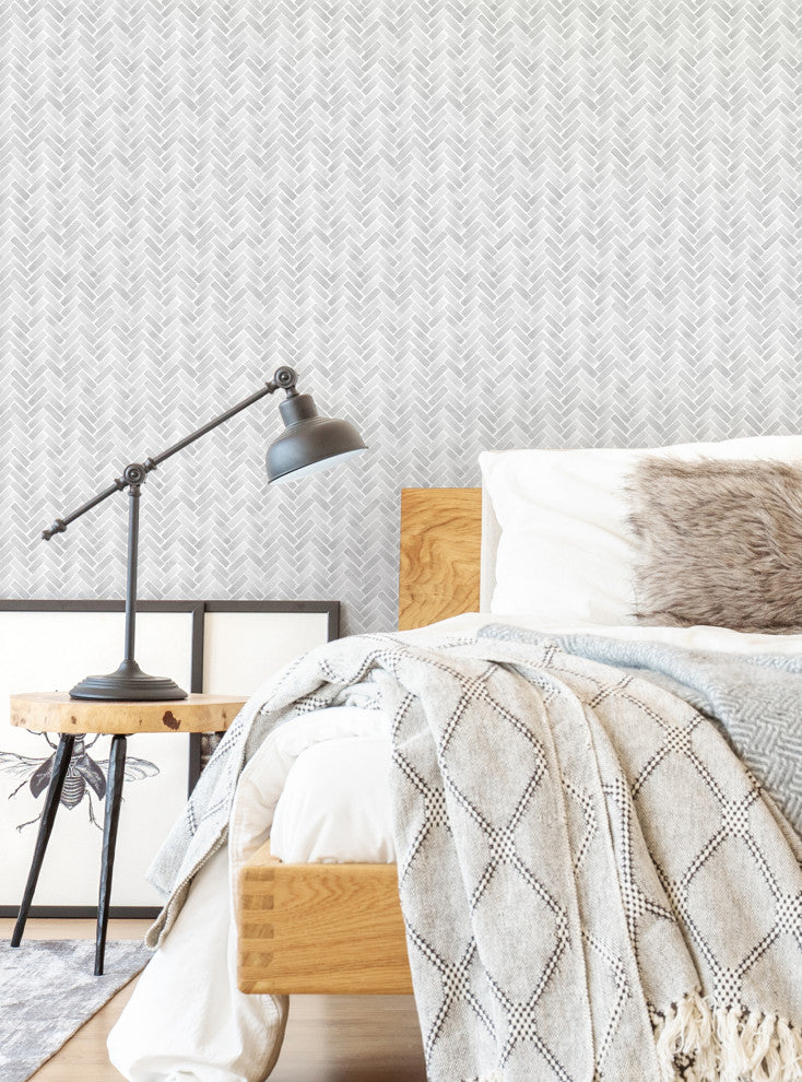 Watercolor Herringbone Peel and Stick Vinyl Wallpaper, Winter Grey, 24"w X 108"h