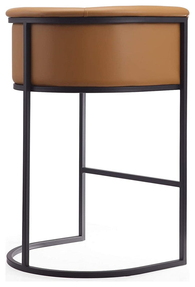 Modern Bar Stool, Square Design With Metal Frame & Camel Faux Leather Seat