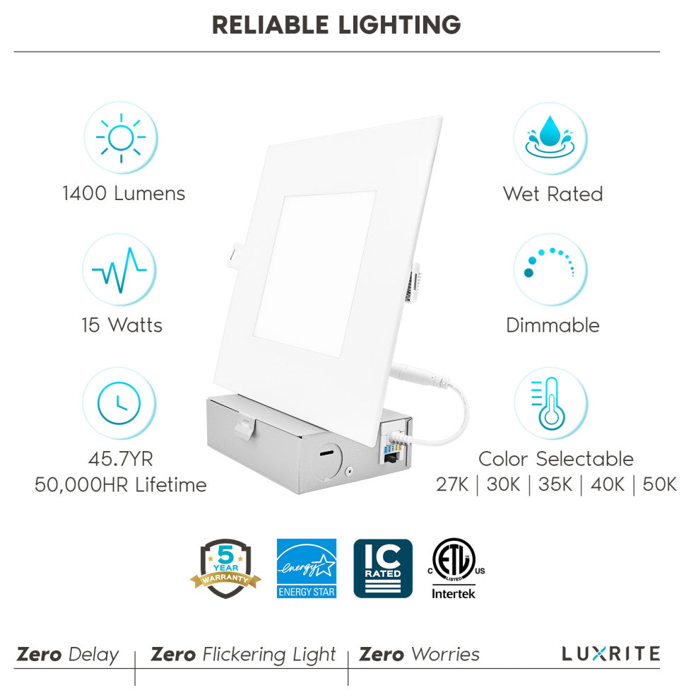 Luxrite 6" Ultra Thin LED Recessed Light 5 Color Selectable 8 Pack