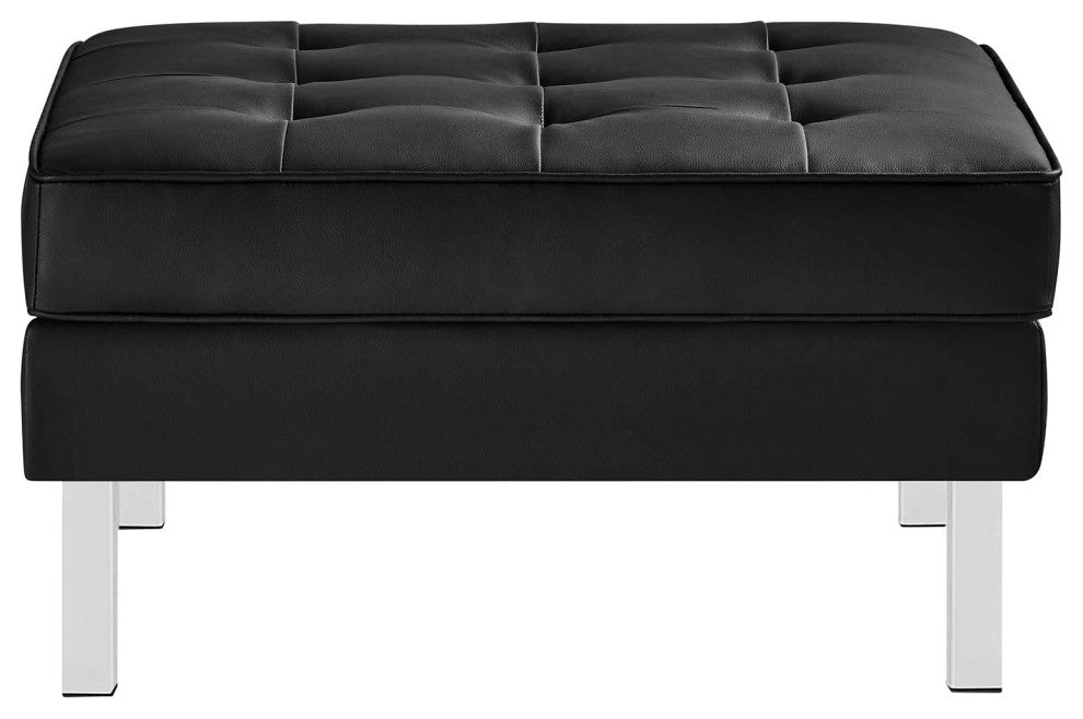 Loft Tufted Vegan Leather Sofa and Ottoman Set, Silver Black