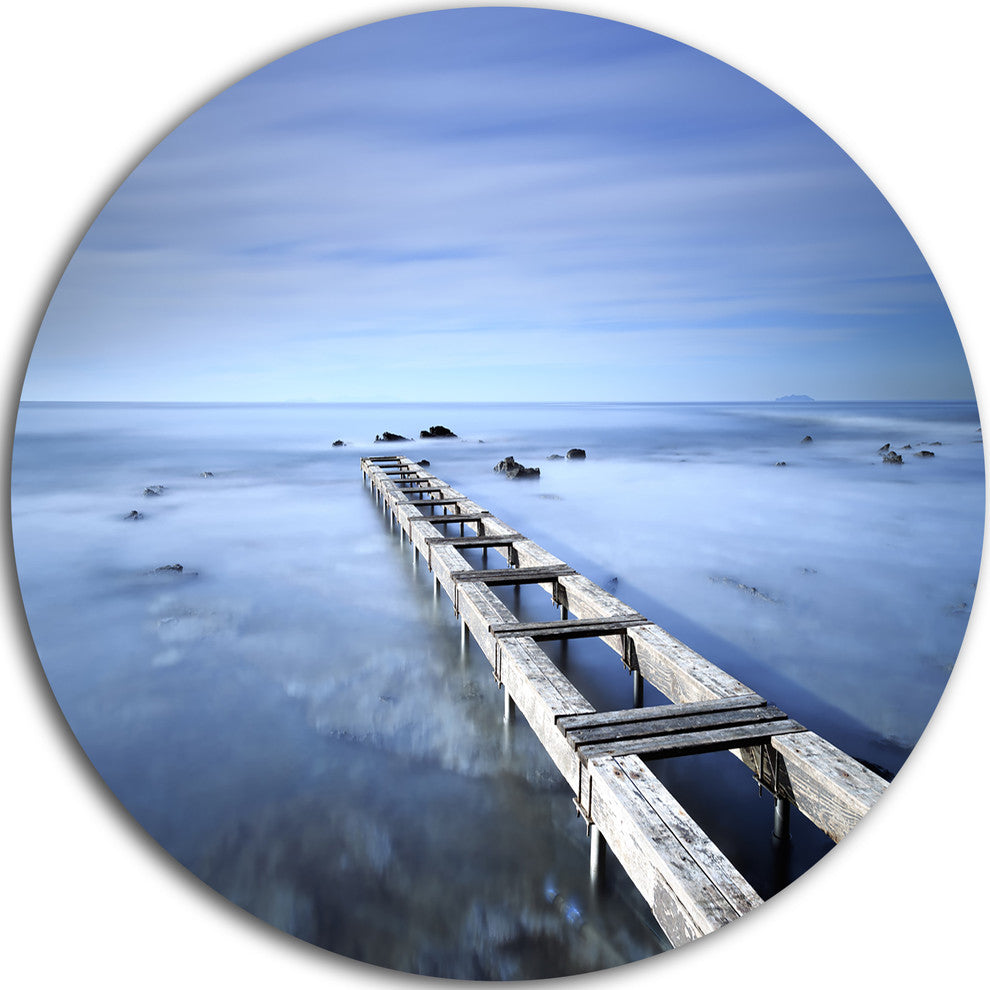 Dark Blue Sky And Pier, Seascape Photo Large Disc Metal Wall Art, 11"